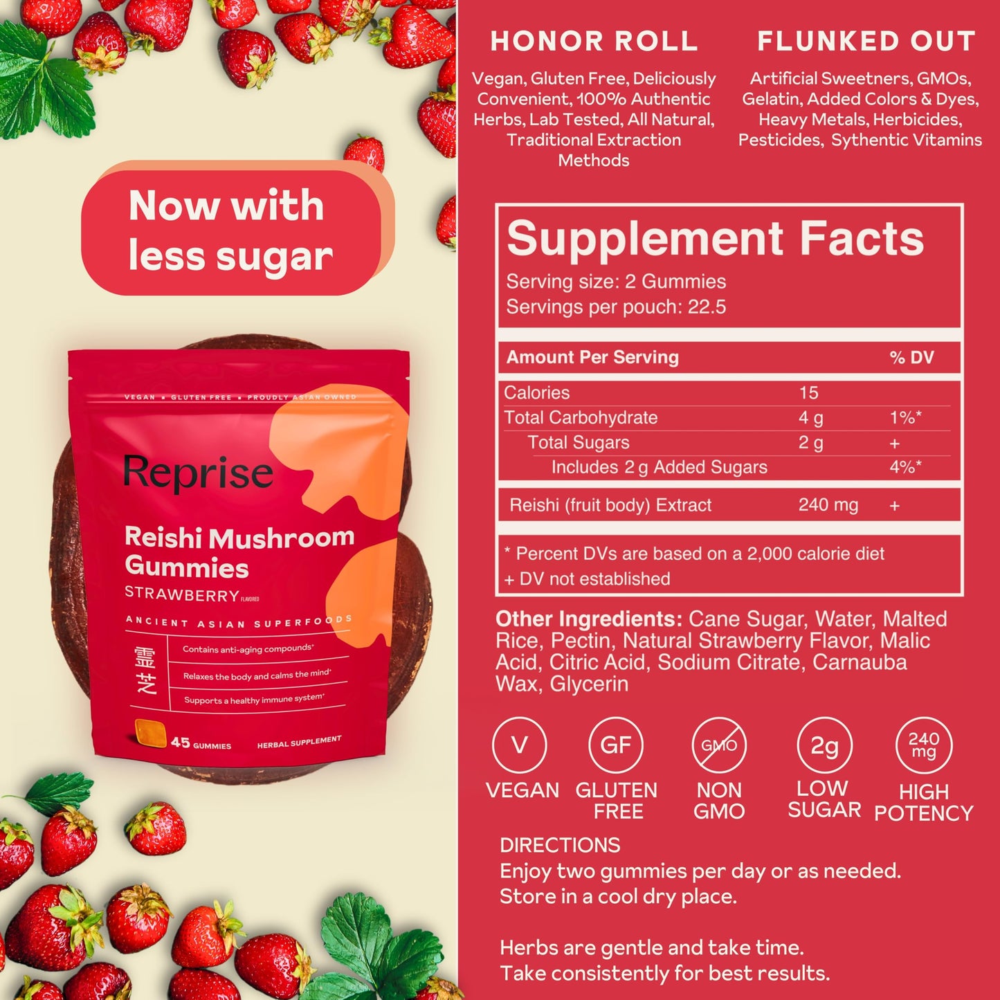 Reishi Mushroom Gummies | Hongo Reishi Mushroom Supplement Gummies (Lingzhi, Ganoderma Lucidum) | Full Spectrum Stress Gummies for Adults | Red Reishi Mushroom | Strawberry Flavor | 45 Count