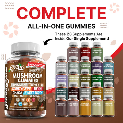 15-in-1 Mushroom Gummies with Lion's Mane, Turkey Tail & More | Immune Support for Men & Women | Clean Nutra