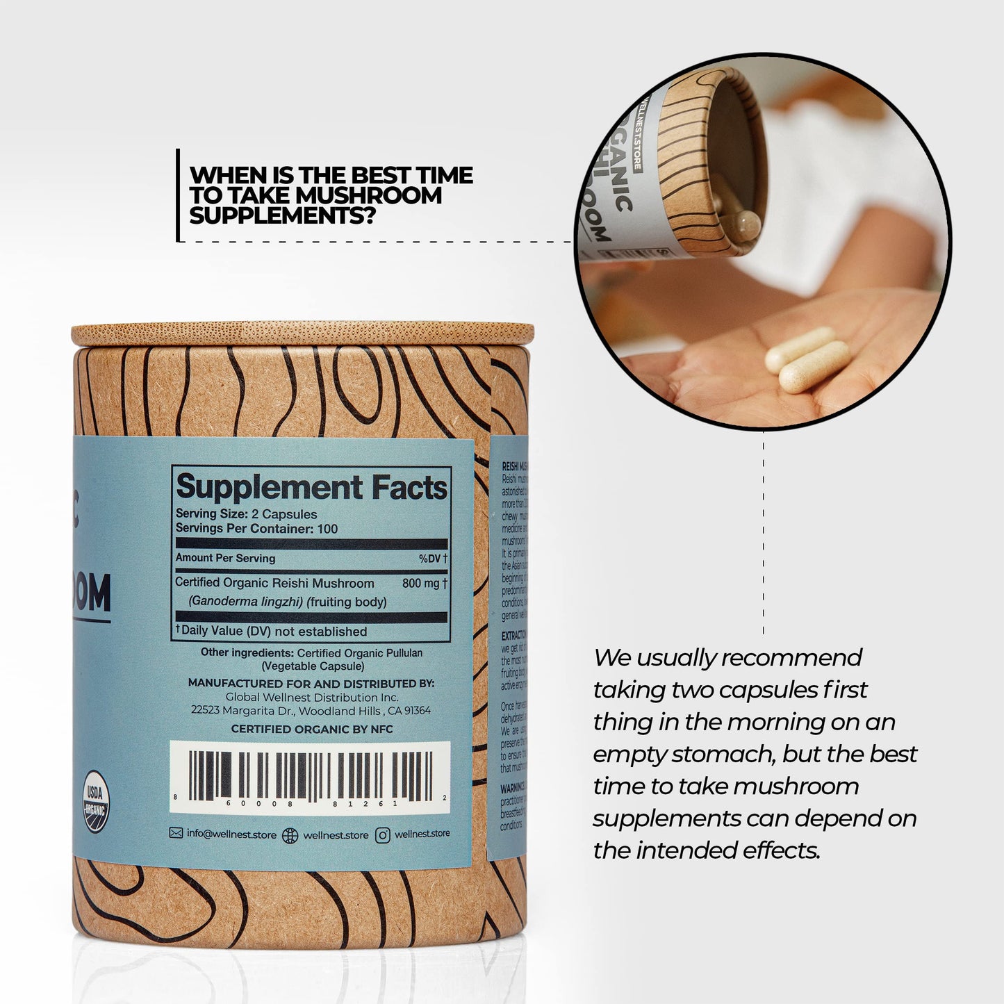 Reishi Organic Mushroom Supplement Capsules | Ganoderma Extract | Immune Support | 60 Capsules