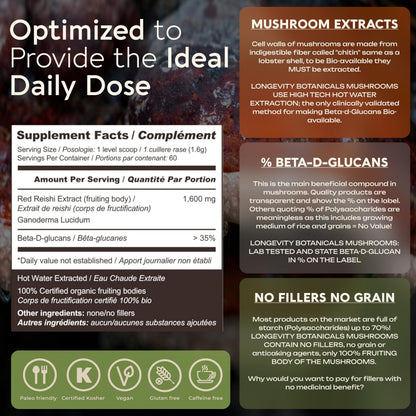 Longevity Botanicals Organic Reishi Extract Powder 100g | 10:1 Concentrate | 100% Fruiting Bodies