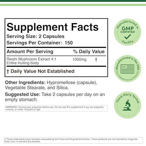 Reishi Mushroom Capsules 4:1 Ganoderma Extract 1,000mg - 300 Count (5 Month Supply) | Double Wood