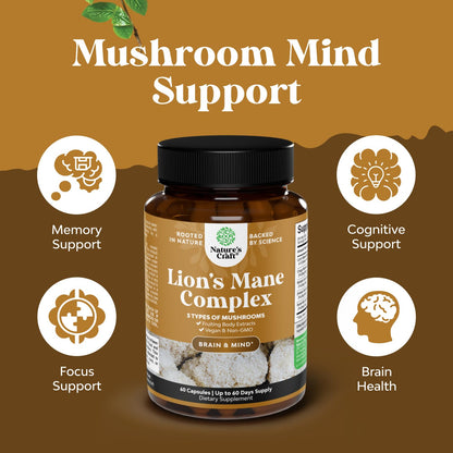 Advanced Lion's Mane Mushroom Supplement with Reishi, Chaga, Maitake & Shiitake – Brain Health, Memory & Focus - 60 Caps