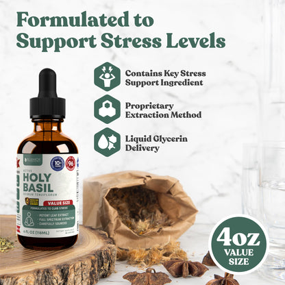 Rejuvica Health Active Holy Basil 4oz XL – Stress Support Liquid Extract (Vegan, Non-GMO)