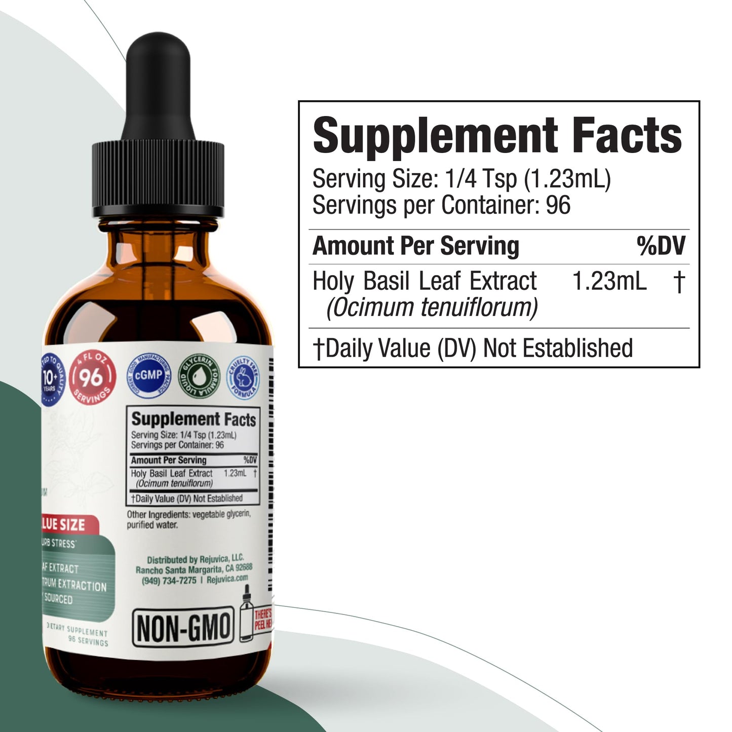 Rejuvica Health Active Holy Basil 4oz XL – Stress Support Liquid Extract (Vegan, Non-GMO)