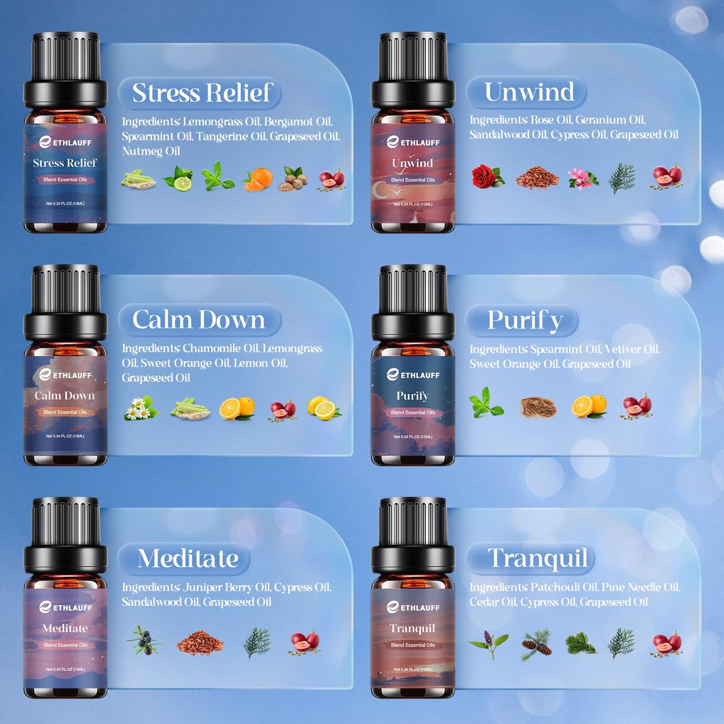 Relax Diffuser Oil – Essential Oil Blends (6x10ml) for Stress Relief & Calm