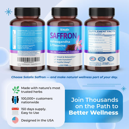 Saffron with Ashwagandha, Ginseng, L-Theanine, Relaxation, Restore – USA Made & Tested (150-day Supply, Pack of 1)