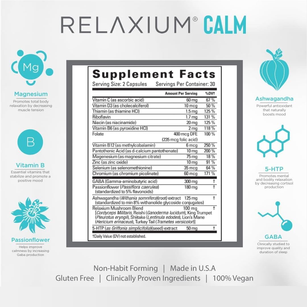 Relaxium Calm – Non-Habit Stress & Mood Support (Ashwagandha, 5-HTP, GABA) – Made in USA (60 Capsules)