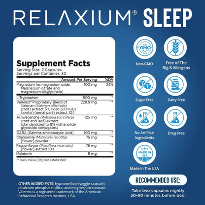 Relaxium Sleep Aid – Non-Habit Sleep Support for Adults | 60 Capsules