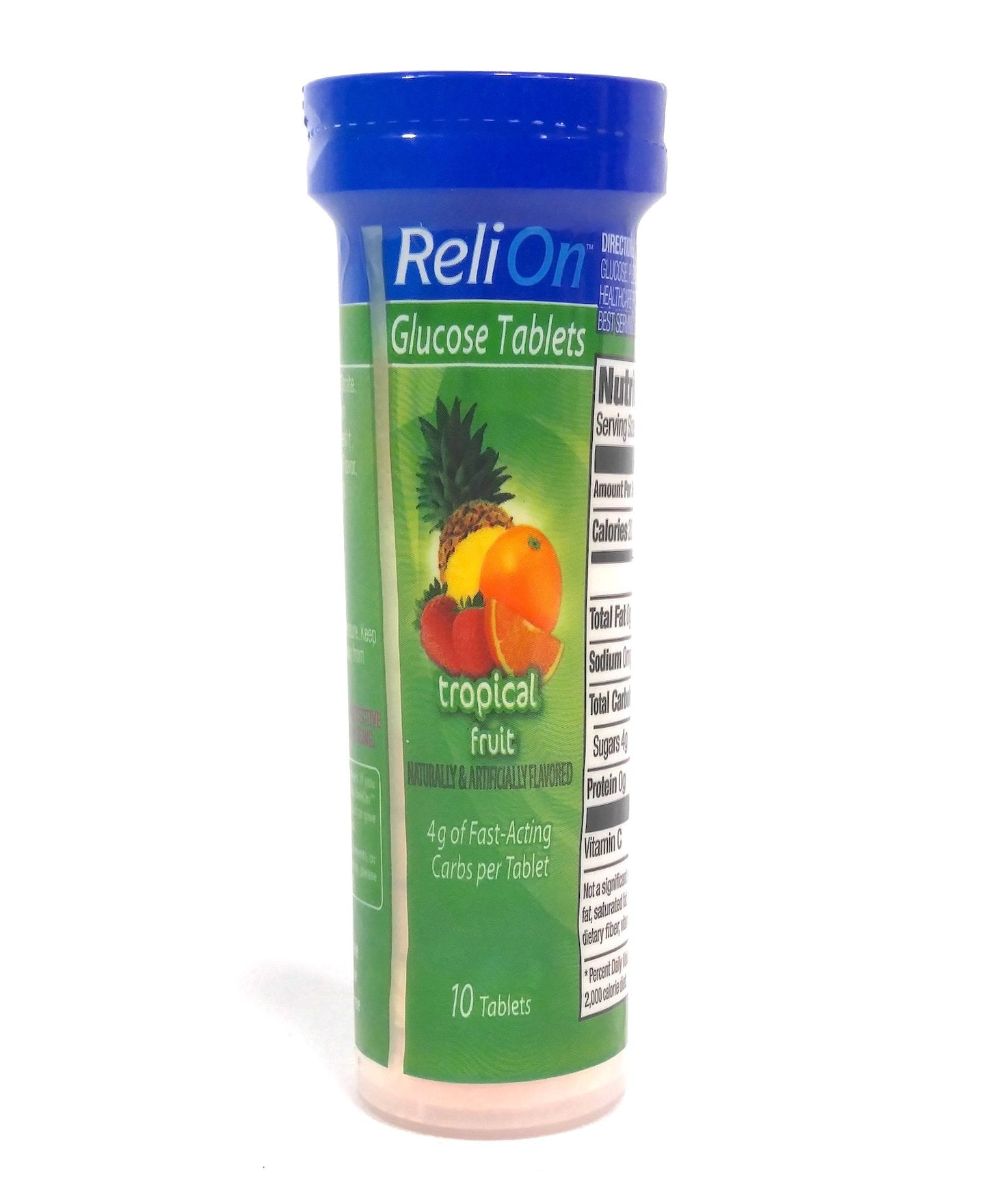 ReliOn Glucose Tropical Fruit Tablets, On-The-Go Tube, 10 Tablets