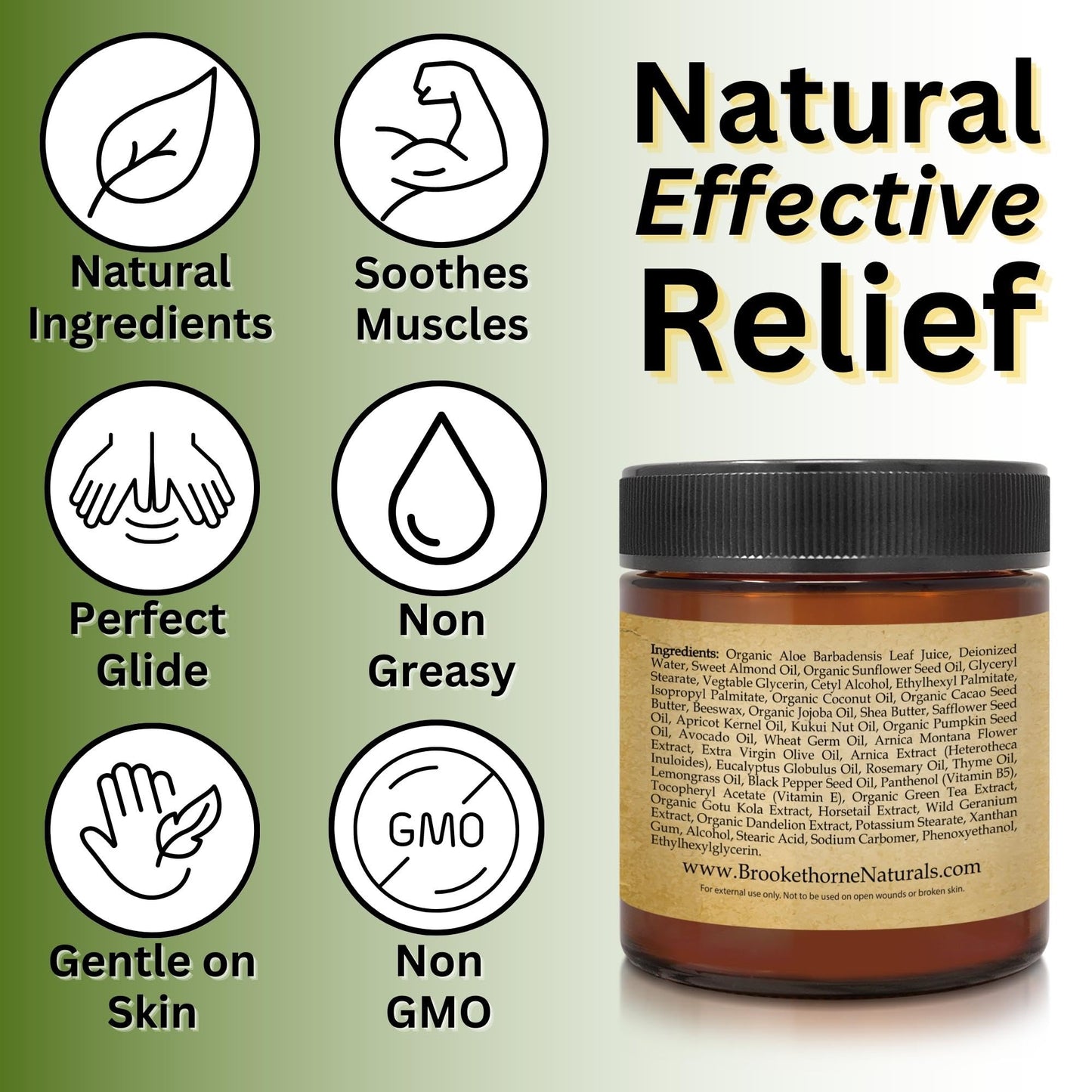Relief Arnica Cream – All-Natural Massage Lotion with Lemongrass, Eucalyptus & Rosemary | Brookethorne Naturals