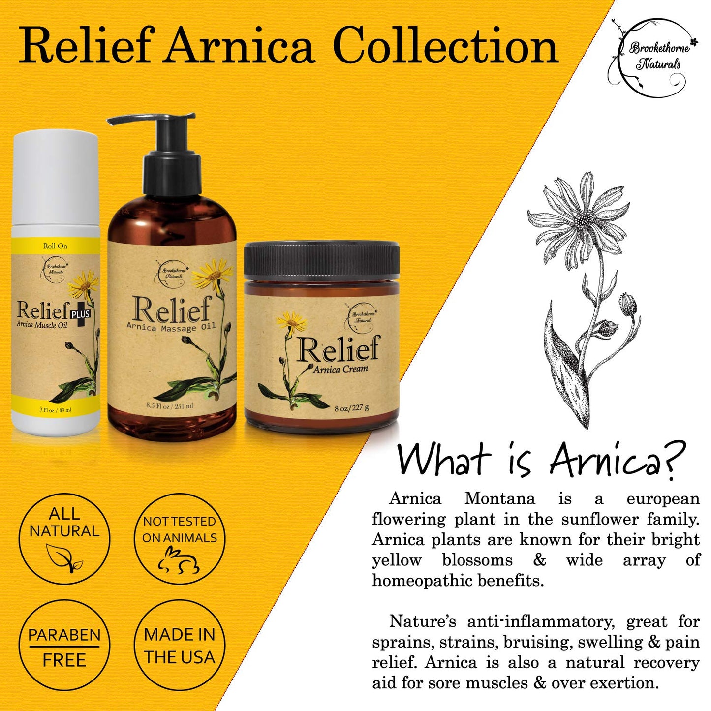 Relief Arnica Cream – All-Natural Massage Lotion with Lemongrass, Eucalyptus & Rosemary | Brookethorne Naturals