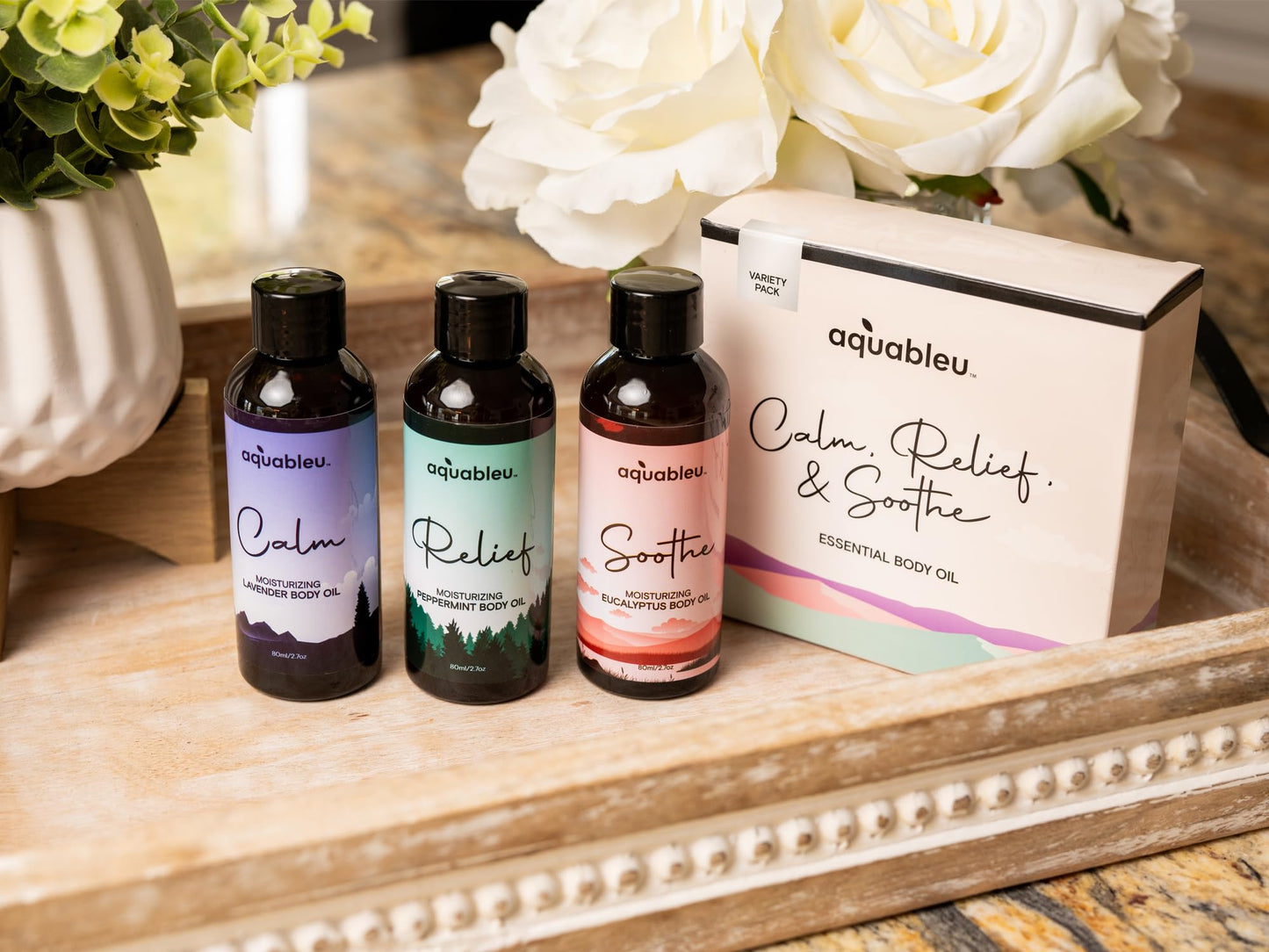 Essential Massage Oil Gift Set – Serenity Trio: Calm Lavender, Relief Peppermint, Soothe Eucalyptus (80 ml) – Beautiful Gift for Women