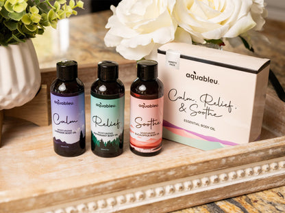 Essential Massage Oil Gift Set – Serenity Trio: Calm Lavender, Relief Peppermint, Soothe Eucalyptus (80 ml) – Beautiful Gift for Women