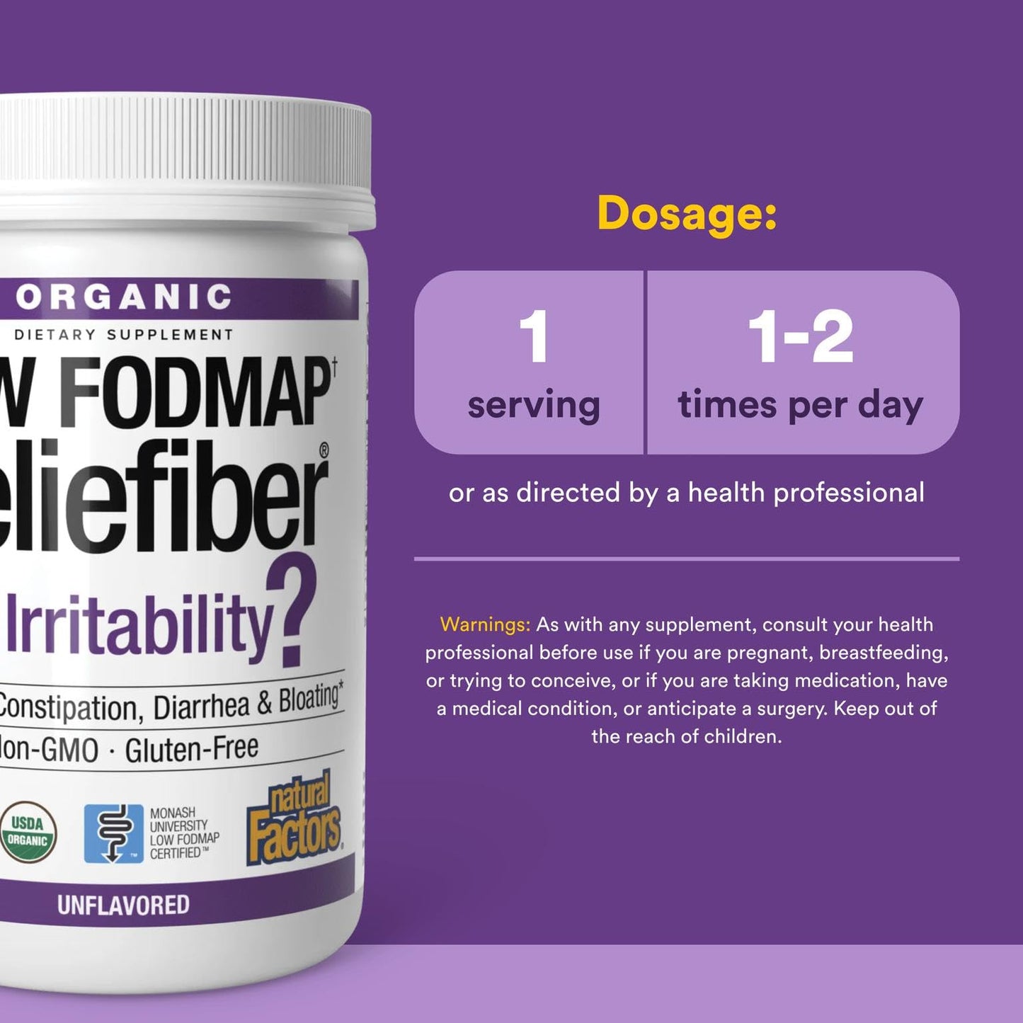 Natural Factors Organic Low FODMAP Reliefiber Powder – Unflavored, 150 g