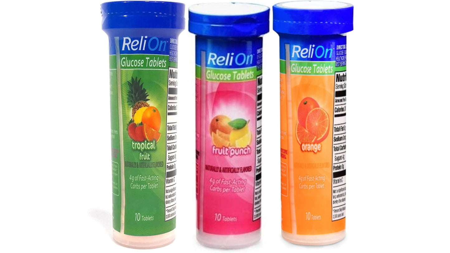 Relion Glucose Tablets: Orange, Tropical and Fruit Punch – Total 30 Tablets