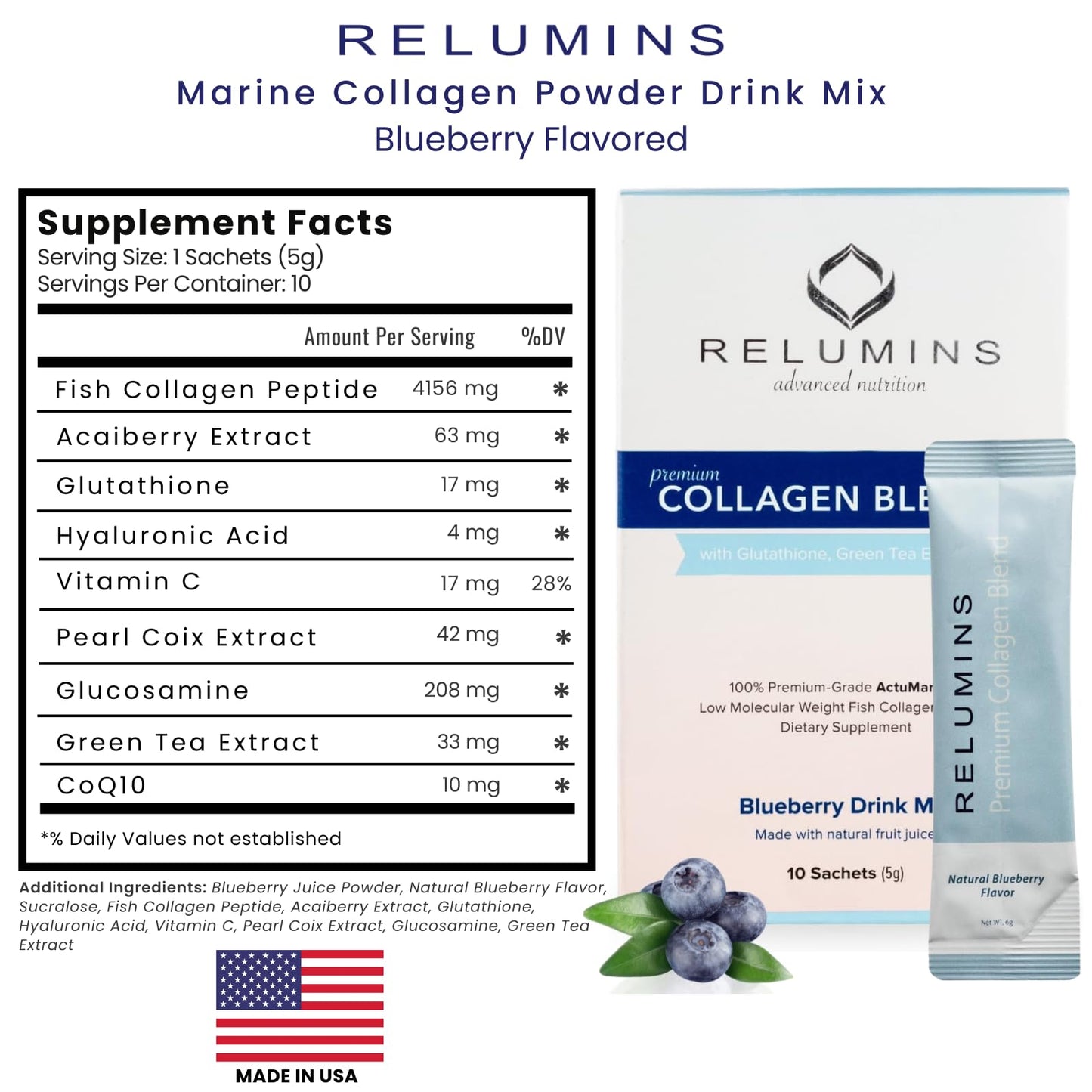 Relumins Marine Collagen Drink Mix 5000mg (Types I, II & III) – Blueberry Flavor | 20 Sachets + 2 Free