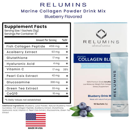 Relumins Marine Collagen Drink Mix 5000mg (Types I, II & III) – Blueberry Flavor | 20 Sachets + 2 Free