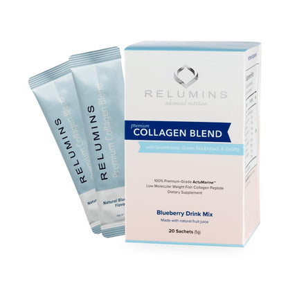 Relumins Marine Collagen Drink Mix 5000mg (Types I, II & III) – Blueberry Flavor | 20 Sachets + 2 Free