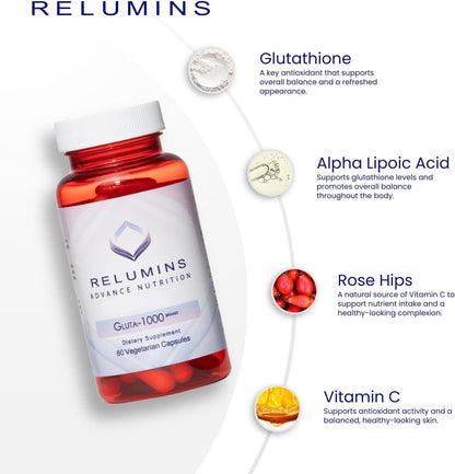 Relumins Advance Nutrition Gluta 1000 – Reduced L-Glutathione with Alpha Lipoic Acid & Rose Hips | 75-Day Supply | Made in USA