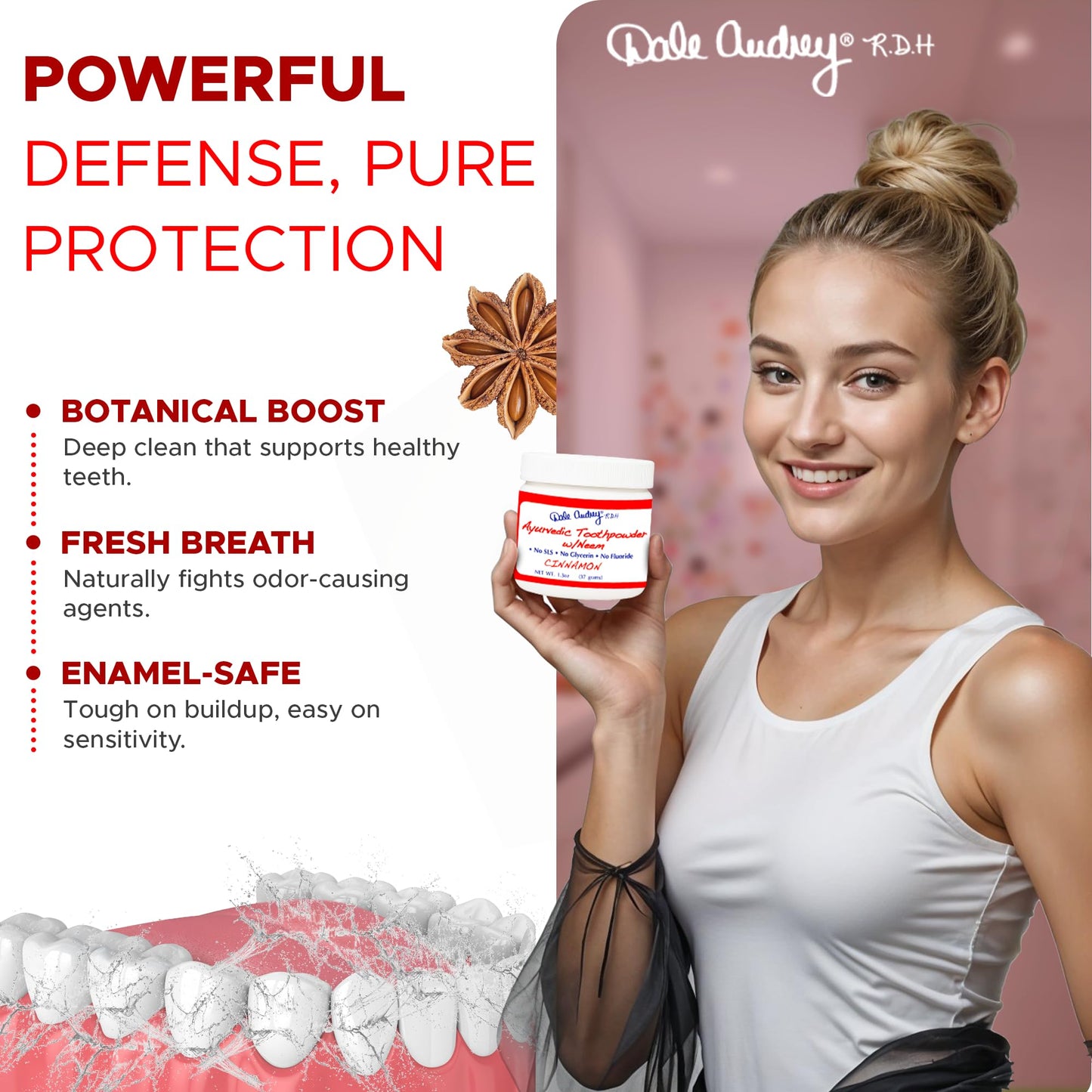 Ayurvedic Remineralizing Tooth Powder - Cinnamon Flavor for Sensitive Teeth | Organic Gum Health & Bad Breath Care | 1.3 Oz