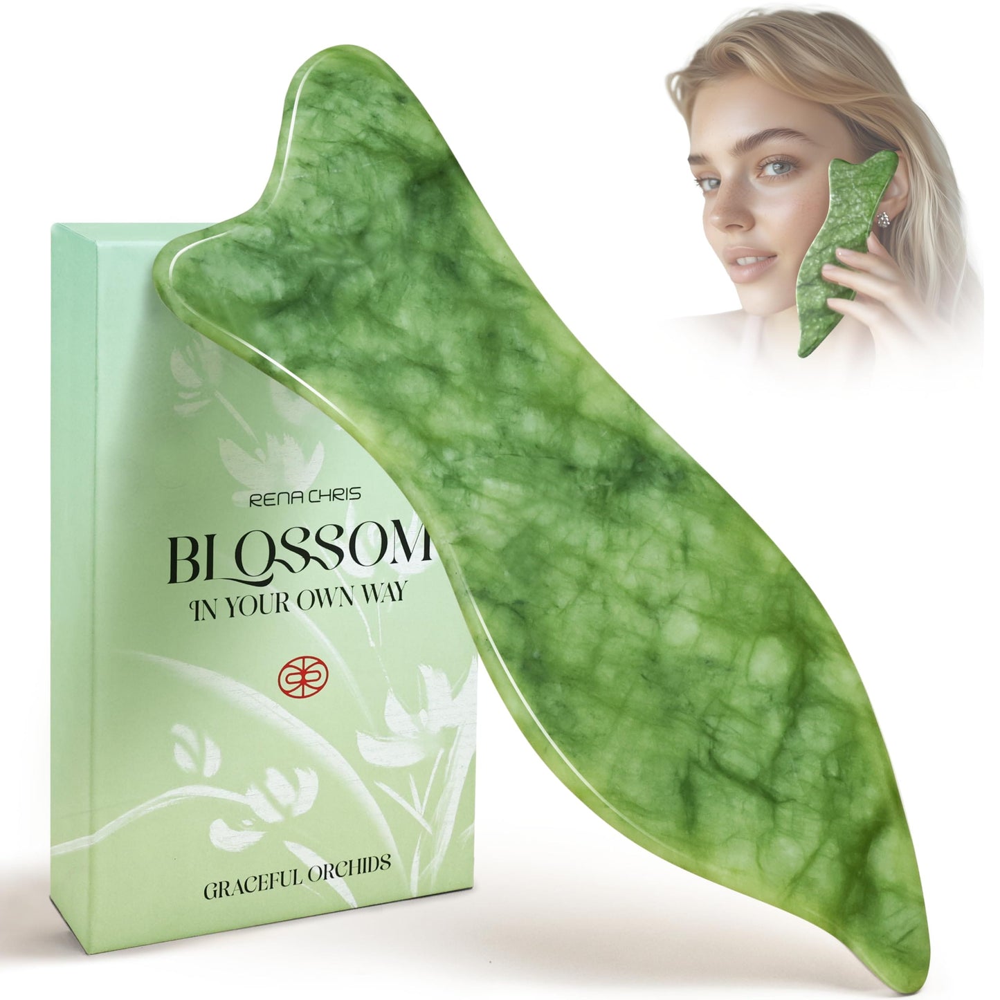 Rena Chris Natural Xiuyan Jade Gua Sha – Facial Massage & Acupressure Tool (Green)