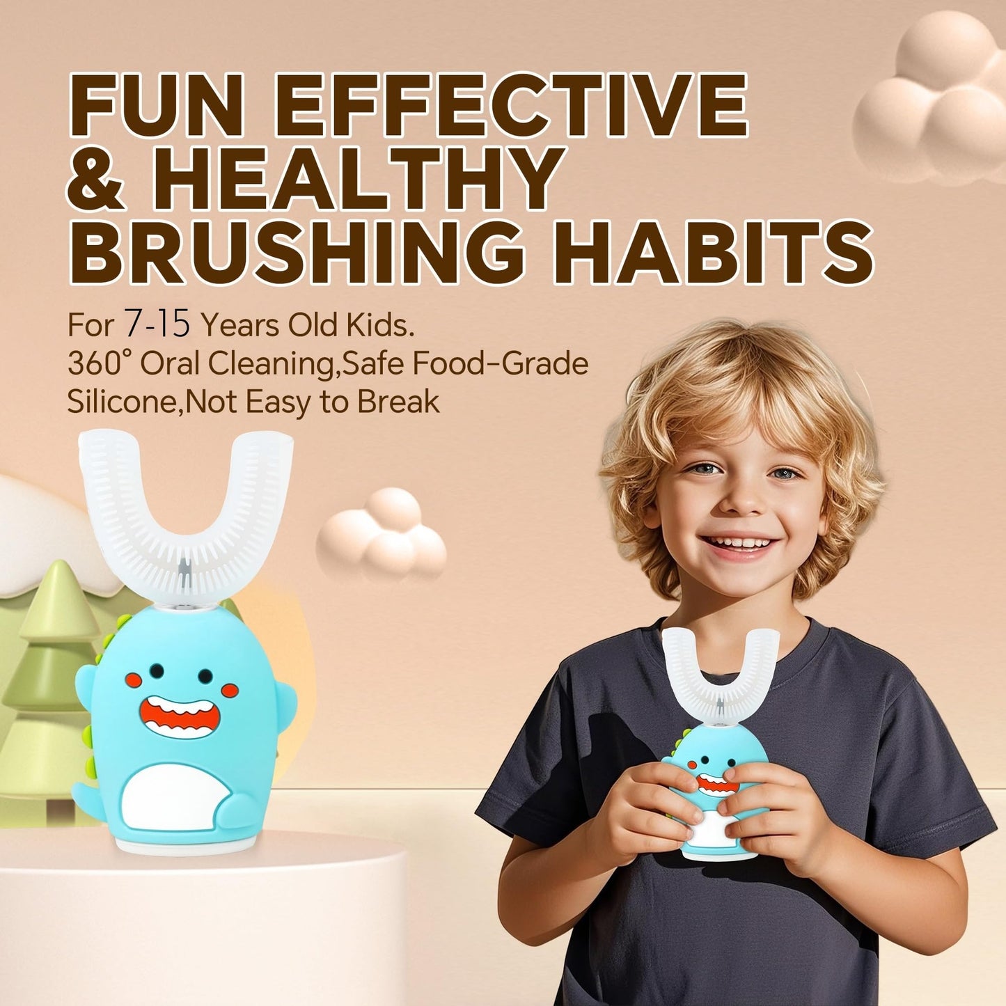 Renaelelife Kids Sonic Toothbrush – U-Shaped, 5 Modes, IPX7 Waterproof (Blue Dinosaur)