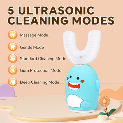 Renaelelife Kids Sonic Toothbrush – U-Shaped, 5 Modes, IPX7 Waterproof (Blue Dinosaur)