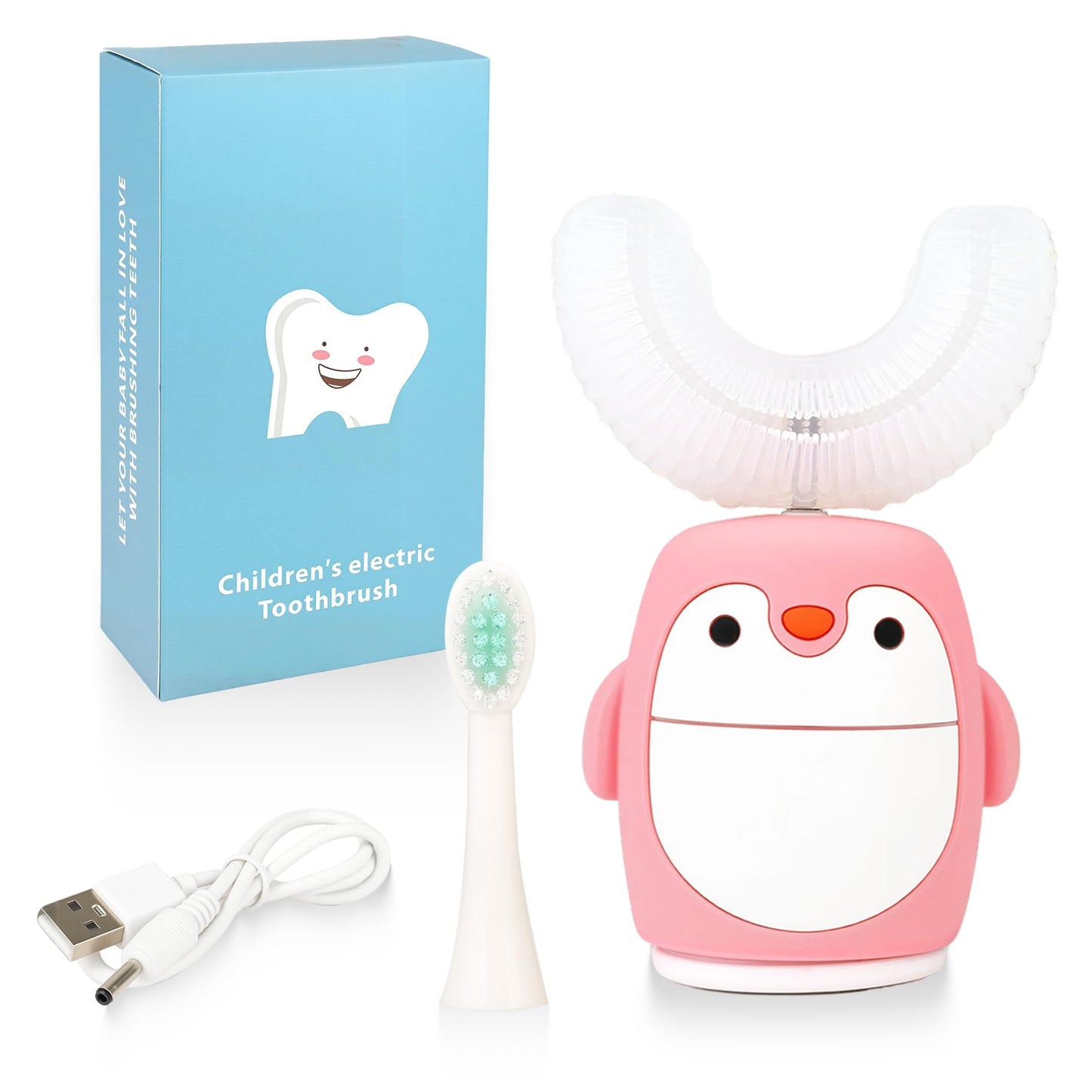 Renaelelife Kids Sonic Electric Toothbrush – U-Shaped, IPX7, 5 Modes, 360° Cleaning (Pink Penguin)