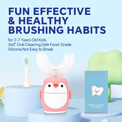 Renaelelife Kids Sonic Electric Toothbrush – U-Shaped, IPX7, 5 Modes, 360° Cleaning (Pink Penguin)