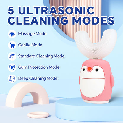 Renaelelife Kids Sonic Electric Toothbrush – U-Shaped, IPX7, 5 Modes, 360° Cleaning (Pink Penguin)
