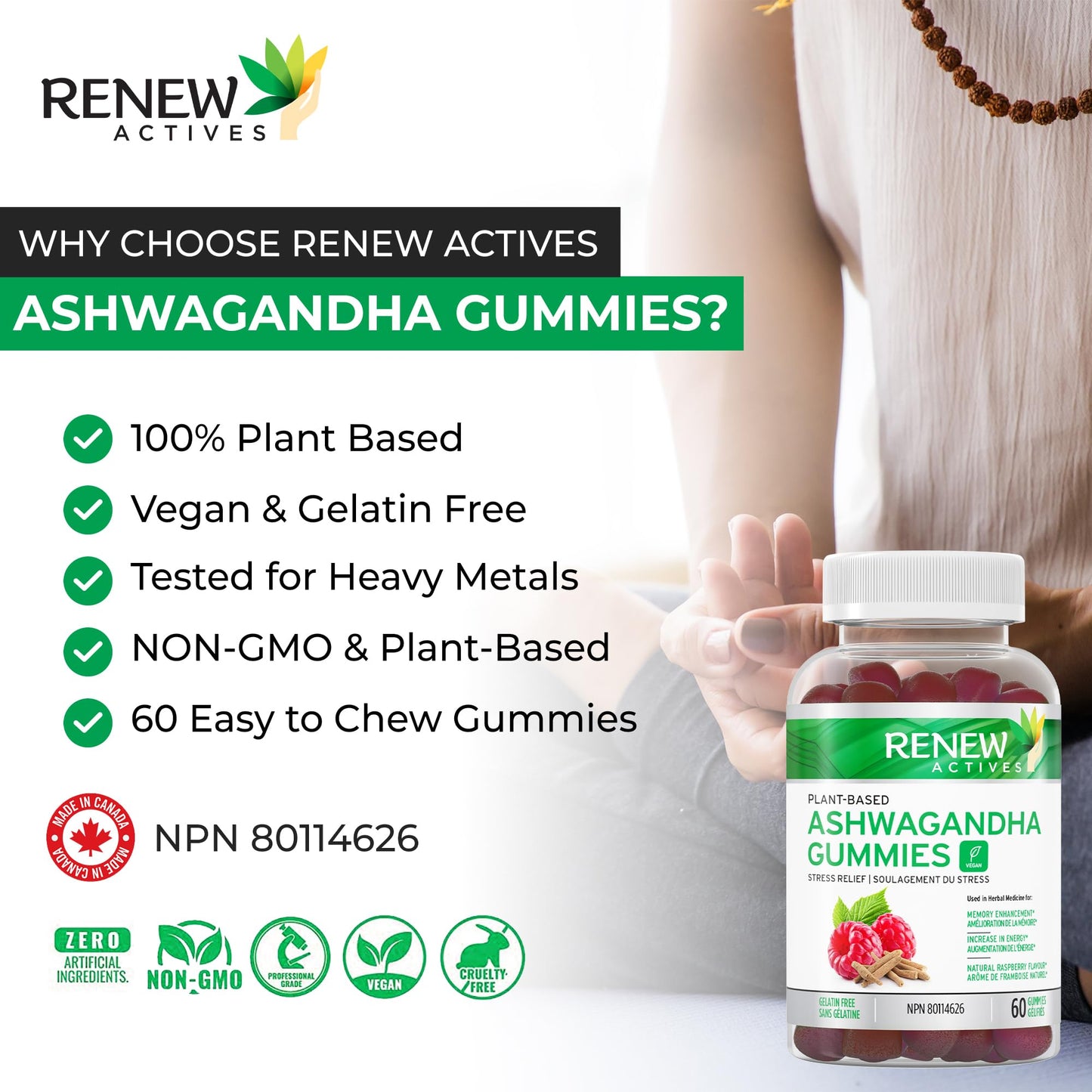 Renew Actives Ashwagandha Gummies 100MG – Vegan, Made in Canada
