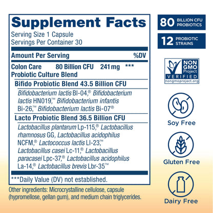Renew Life Colon Care Probiotic Capsules – 80 Billion CFU, 12 Strains, Dairy/Gluten & Soy Free, 60 Count