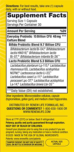 Renew Life Everyday Probiotic Capsules - 30 Count, 15B CFU, Dairy/Soy/Gluten-Free
