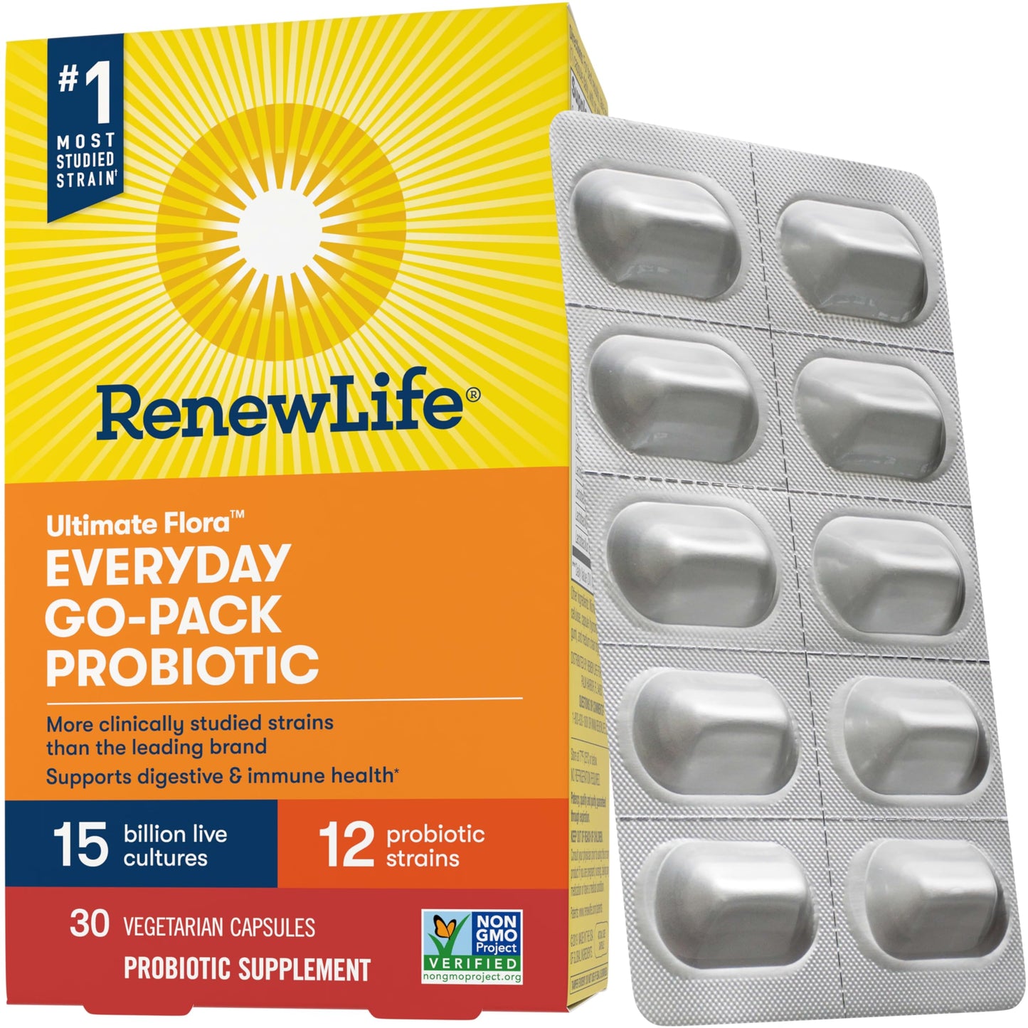 Renew Life Everyday Go-Pack Probiotic Capsules — 15 Billion CFU, 30 Count | Gluten-Free, Dairy-Free, Soy-Free | L. rhamnosus GG