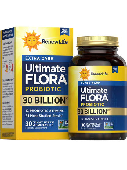 Renew Life Extra Care Digestive Probiotic Capsules – 30B CFU, 12 Strains, 30 Count