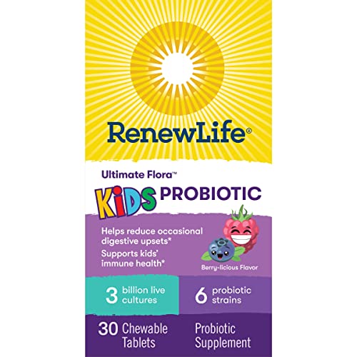 Renew Life Kids Probiotic Chewables – 3 Billion CFU, Digestive & Immune Support, Raspberry, 30 Tablets