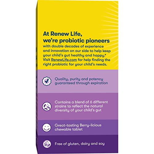 Renew Life Kids Probiotic Chewables – 3 Billion CFU, Digestive & Immune Support, Raspberry, 30 Tablets