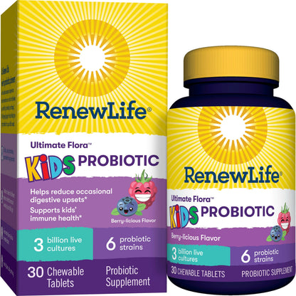 Renew Life Kids Probiotic Chewables – 3 Billion CFU, Digestive & Immune Support, Raspberry, 30 Tablets