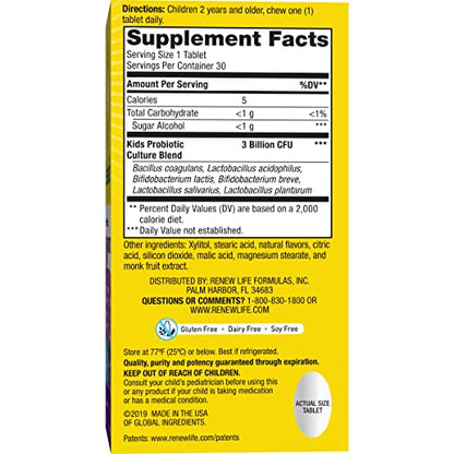 Renew Life Kids Probiotic Chewables – 3 Billion CFU, Digestive & Immune Support, Raspberry, 30 Tablets