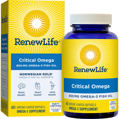 Renew Life Norwegian Gold Critical Omega-3 Fish Oil 850 mg Burp-Free Softgels (Pack May Vary)
