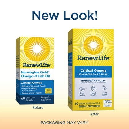 Renew Life Norwegian Gold Critical Omega-3 Fish Oil 850 mg Burp-Free Softgels (Pack May Vary)