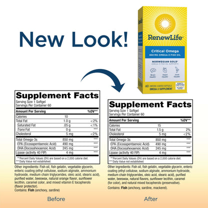 Renew Life Norwegian Gold Critical Omega-3 Fish Oil 850 mg Burp-Free Softgels (Pack May Vary)