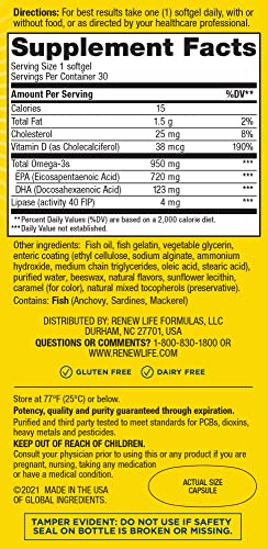 Renew Life Norwegian Gold Super Critical Omega Softgels – 950 mg EPA/DHA, 30 Count, Heart & Brain Support