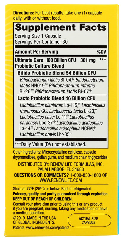 Renew Life Ultimate Flora Care Probiotic 100 Billion, 30 Count – Daily Probiotic