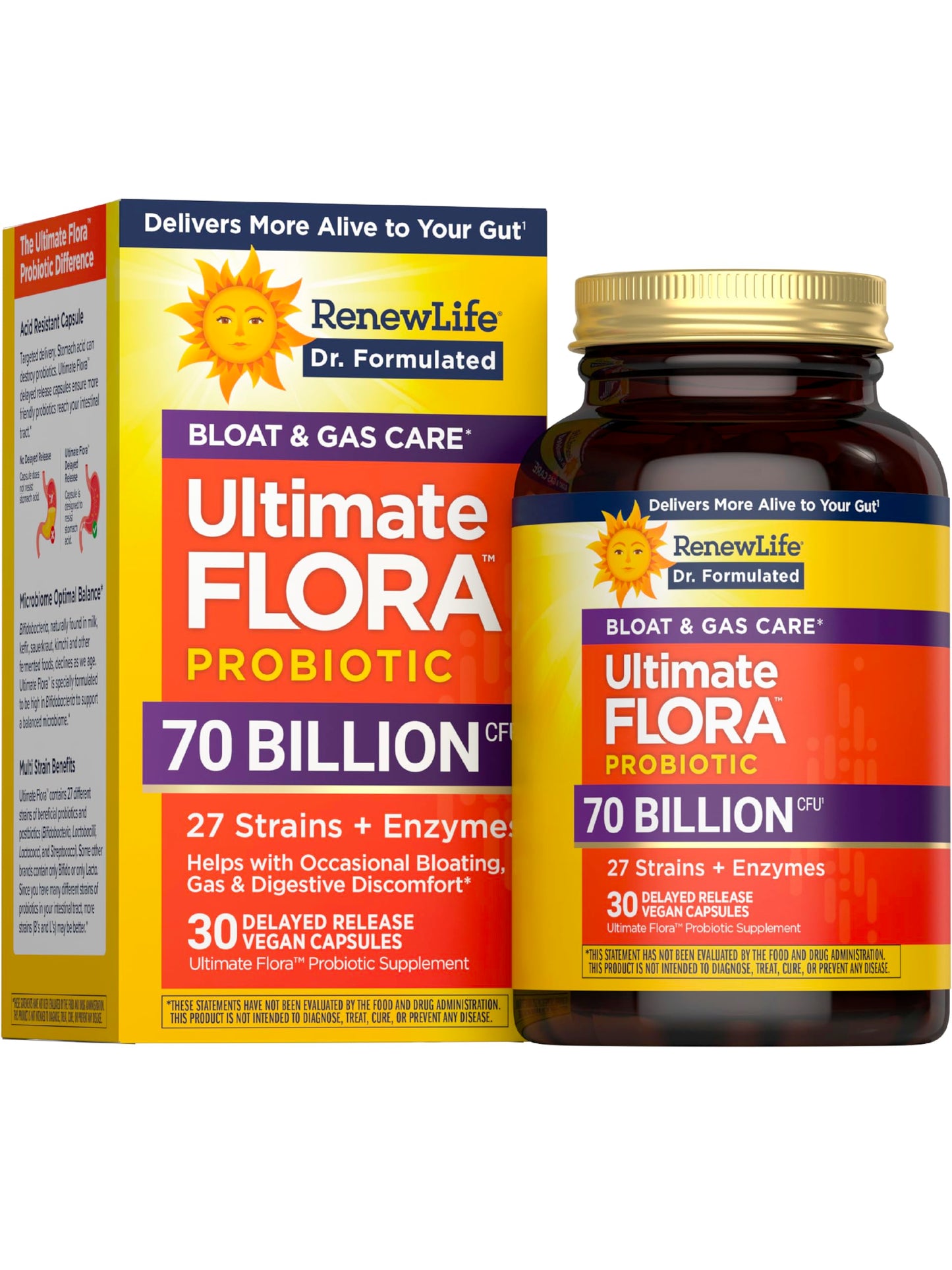 Renew Life Ultimate Flora Probiotics 70 Billion CFU – Gas & Bloat, Delayed Release Vegan Capsules (30 Count)