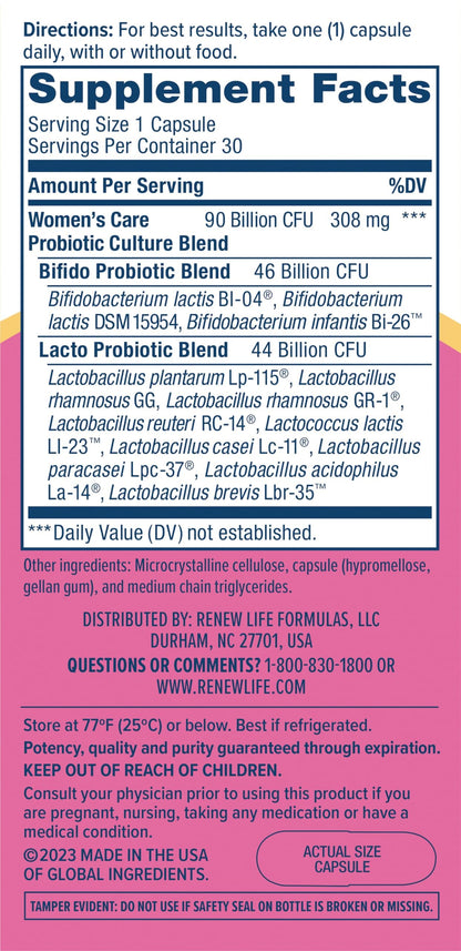 Renew Life Women's Probiotic Capsules - 90 Billion CFU, 12 Strains, 30 Count