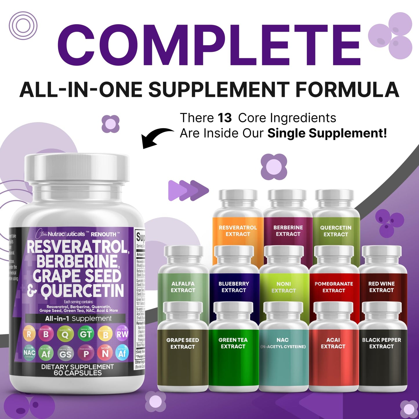 Clean Resveratrol Supplement with Berberine, Grape Seed & Quercetin