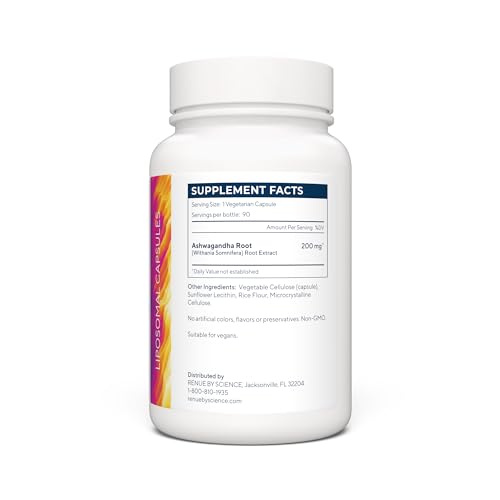 Renue By Science Ashwagandha | High Strength Liposomal Ashwagandha Supplements | 90 Ashwaganda Capsules - 200mg Ashwaganda per Serving | Non-GMO | Made in The USA Third-Party Tested