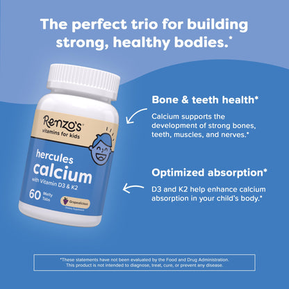 Renzo's Hercules Calcium + Vitamin D3 & K2 for Kids (Ages 2+) – Bone Health & Immunity, 60 Grape Melty Tabs
