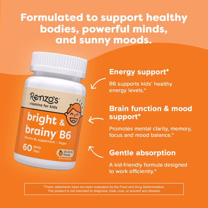 Renzo's Bright & Brainy Vitamin B6 for Kids - 60 Sugar-Free Melty Tabs, Orange